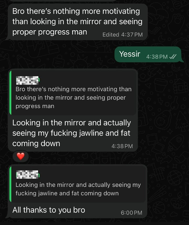 WhatsApp conversation: client tells Sean there's nothing more motivating than looking in the mirror and seeing proper progress, and that he can now see his jawline and fat coming down — all thanks to Sean's coaching.